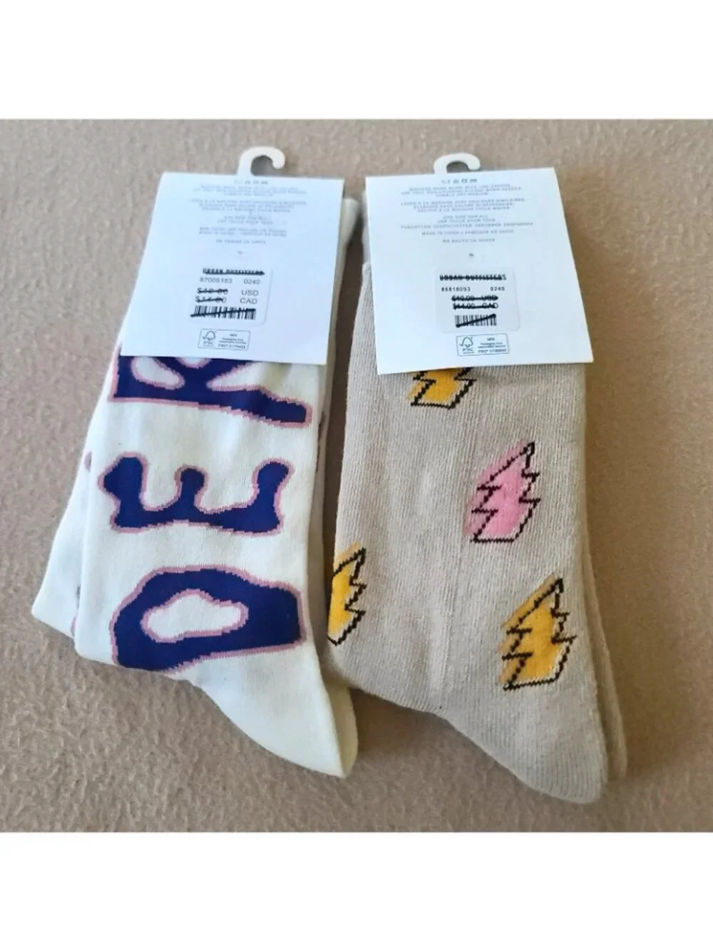 2 Pairs Urban Outfitters Crew Socks OS Unisex Lightning Bolt + Order Chaos NEW